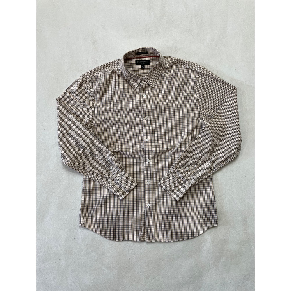Banana Republic Mens Untucked Fit Non-Iron Shirt Large Brown Gingham Check L/S